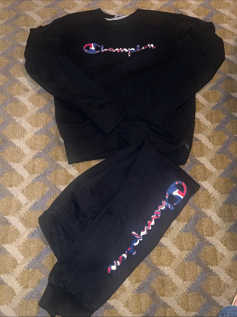 Champion Black Sweatshirt and Jogger Set with Red, White & Blue Logo